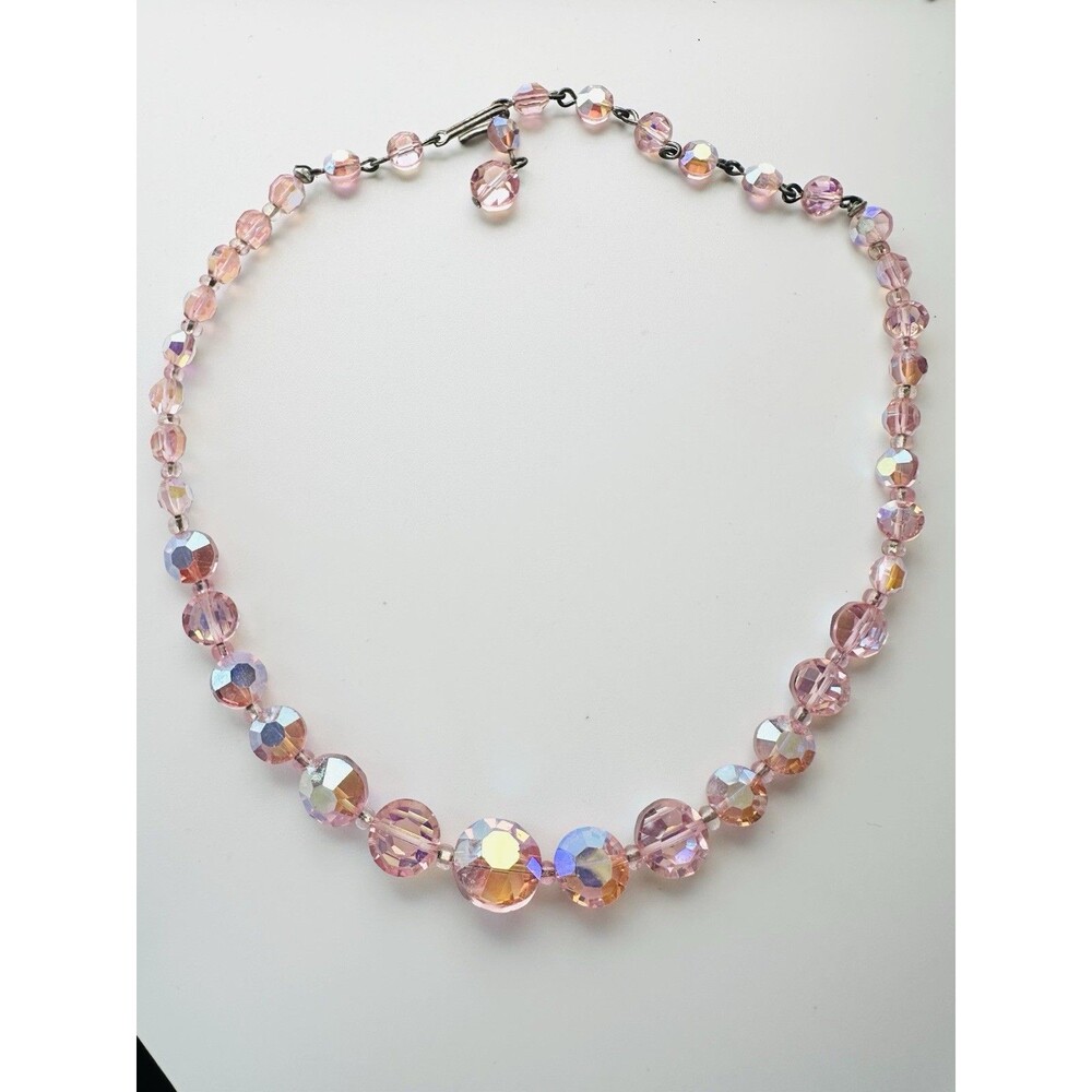 Vintage Faceted Bohemian Pink Crystal Beaded Necklace 15"